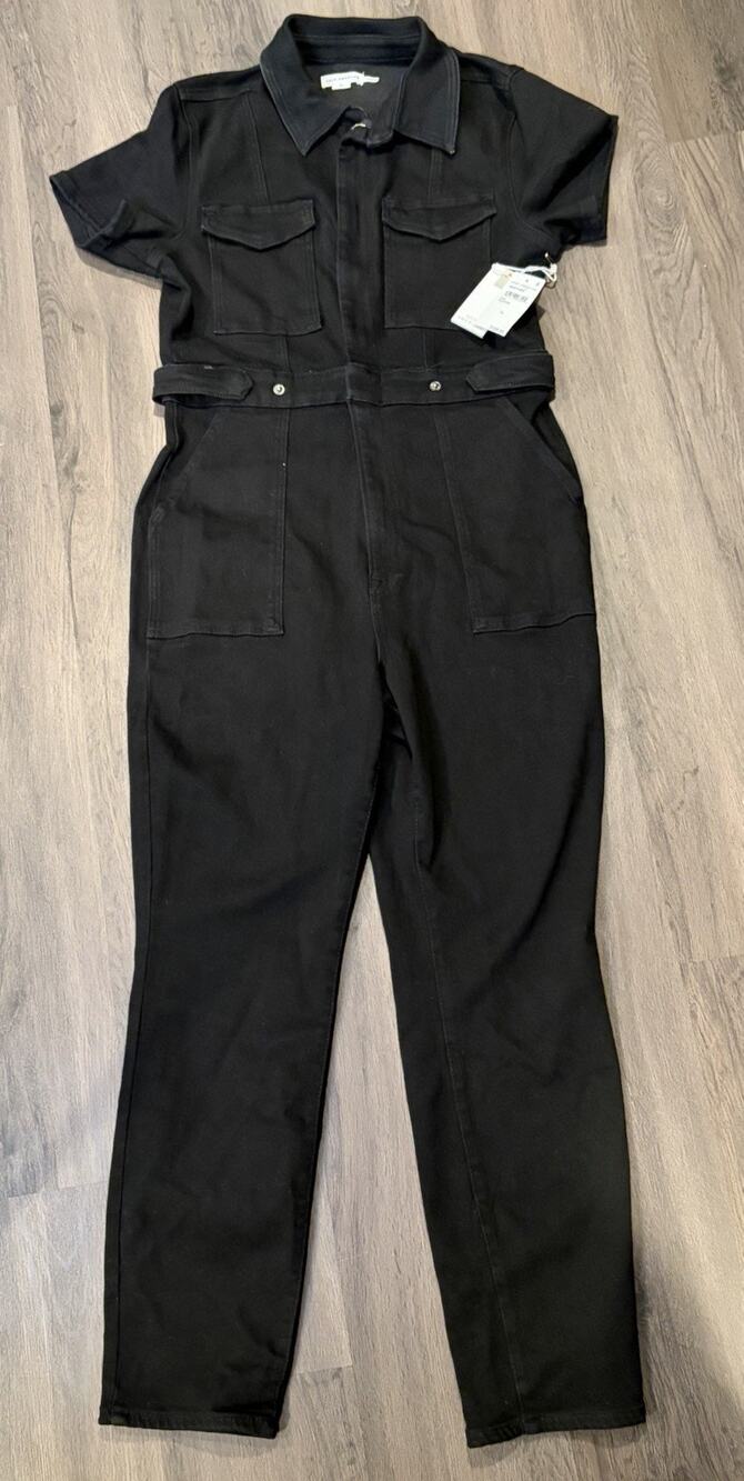 Good American Women's Black Denim Utility Jumpsuit XL Short Sleeve Pockets Zip